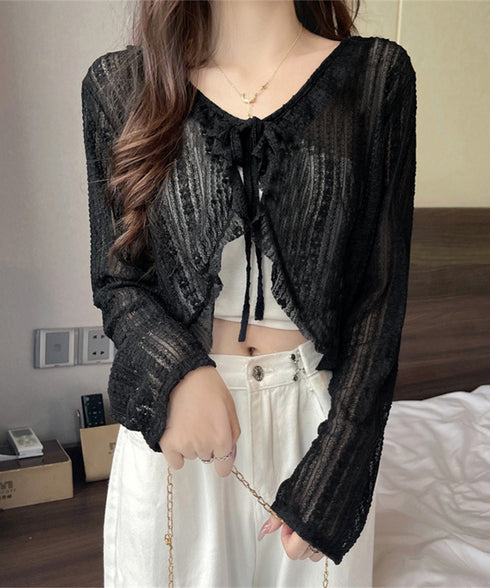 レースボレロカーディガン シアートップス レディース 花柄フリルカーディガン フェミニン 日焼け防止 冷房対策 フロントリボンサマーカーディガン ショート丈春夏服 84WANJIA-017